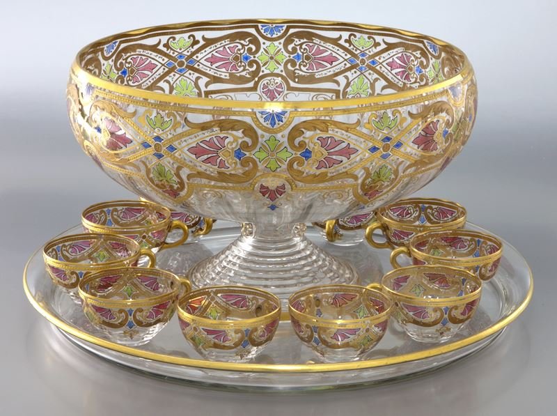 13 Pcs. Fritz Heckert enameled glass punch bowl (1 of 7)