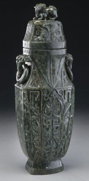 Chinese carved spinach jade vase and cover (1 of 7)
