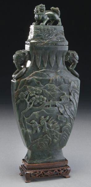 Chinese carved spinach jade vase and cover, (1 of 6)