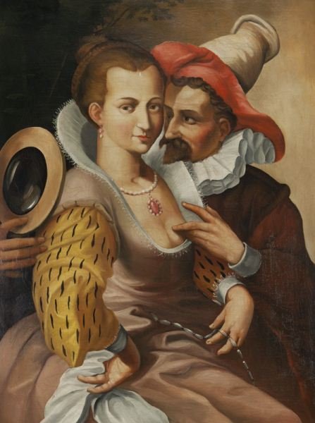 After Hendrik Goltzius, "The Sense of Sight" oil: After Hendrik Goltzius, "The Sense of Sight" oil on canvas. Canvas: 48.25"H x 36"H; Frame: 60.25"H x 49.75"W. PROVENANCE: Christie's New York: February, 19-20, 2014, Lot 77 (Sale 2821, "Interiors"). H