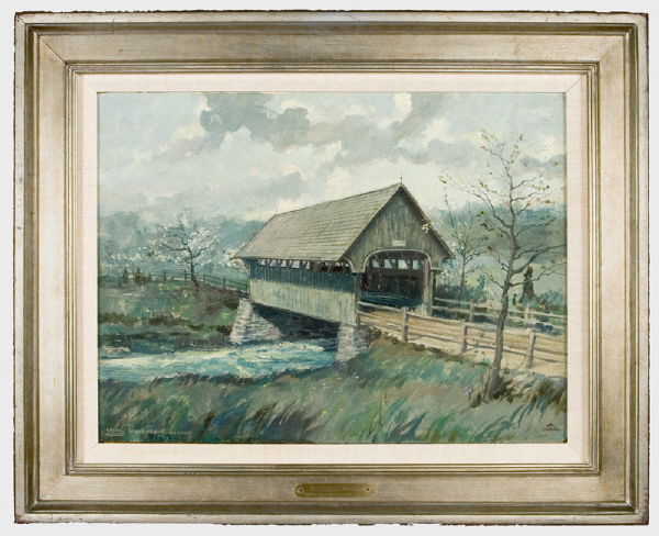 Eric Sloane oil painting on masonite titled,: "Spring, Lord's Creek, Irasburg." Eric Sloane (American 1905-1985) was fascinated by early American architecture, in particular covered bridges and early colonial homes, as evidenced in this image. Th