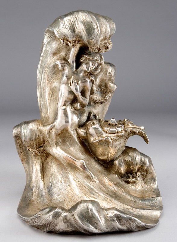 Signed J. Causse art nouveau silvered metal: inkwell showing a maiden disappearing into a rising wave. 10.75"H x 8.25"W x 9"D, Circa - Turn of the century.