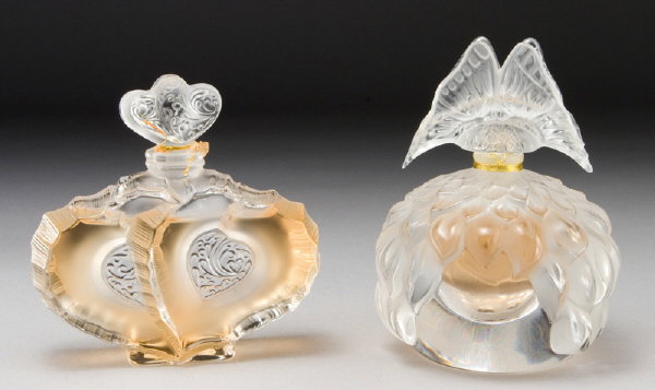 (2) Lalique flacon perfume bottles, (1) papillon,