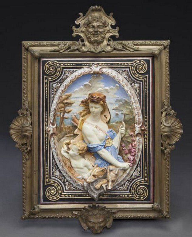 Large bronze framed majolica plaque (1 of 5)