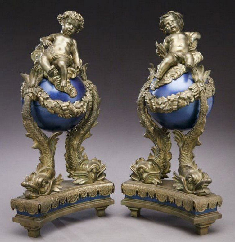 Pr. Regence style bronze and enameled chenets (1 of 6)