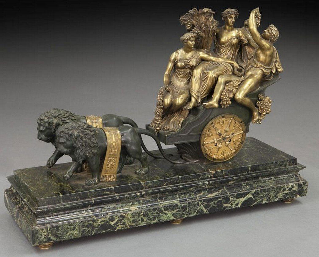 Bronze dore chariot clock on marble base, (1 of 8)
