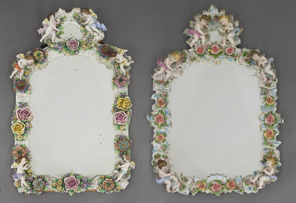Near pair of German porcelain figural mirrors, (1 of 9)