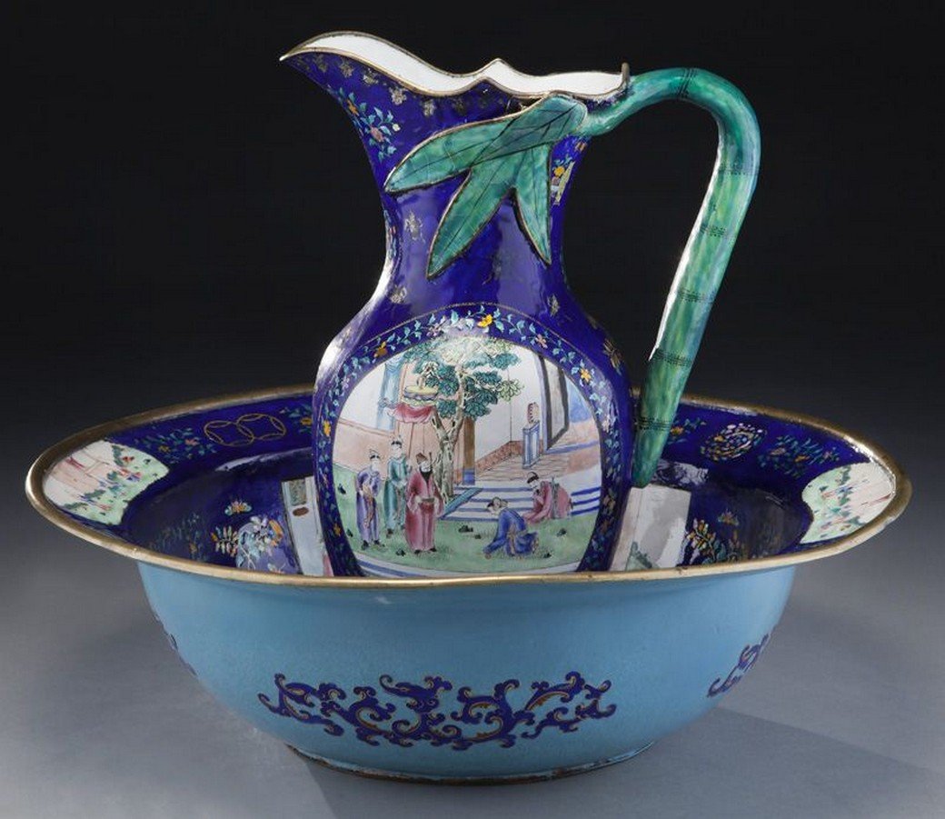 Peking polychrome enameled copper ewer and basin, (1 of 8)