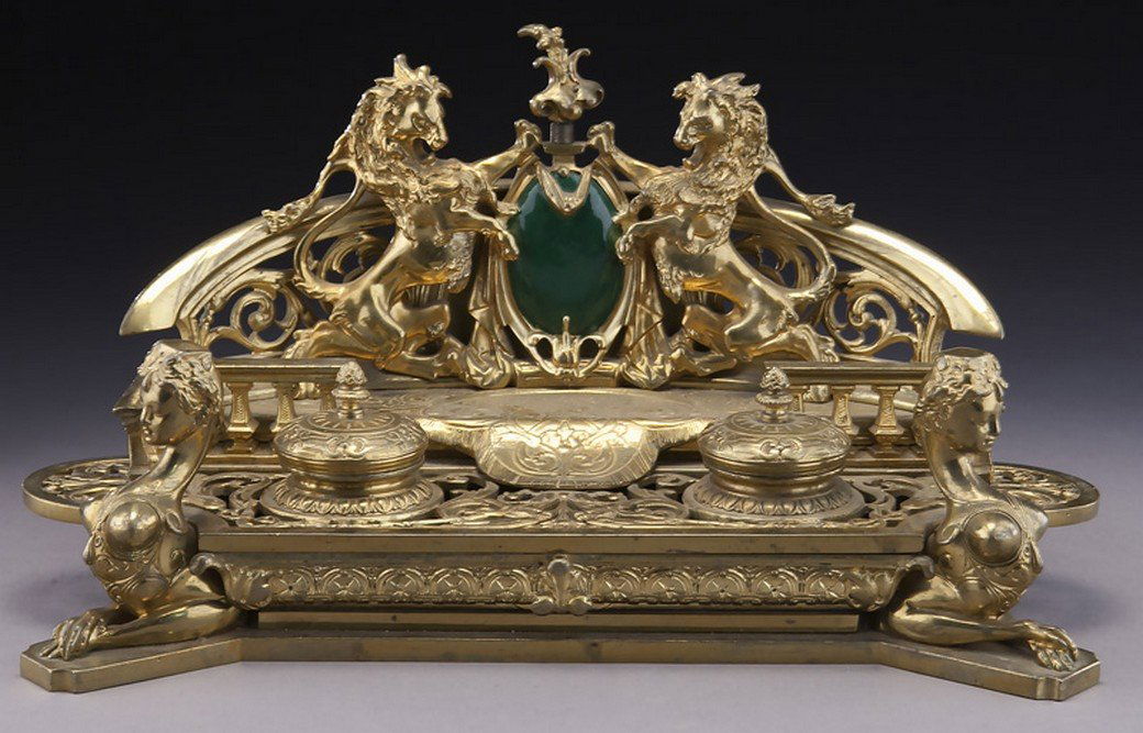 Belle Epoque dore bronze ink well, (1 of 7)