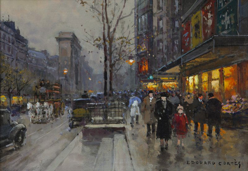 Edouard Cortes "Porte St. Martin" oil on canvas: Edouard Cortes "Porte St. Martin" oil on canvas mounted on board. Signed lower right. Board: 12.75"H x 17.625"W; Frame: 19.75"H x 25"W. PROVENANCE: Alexander Kahan, New York, NY (label verso). Private