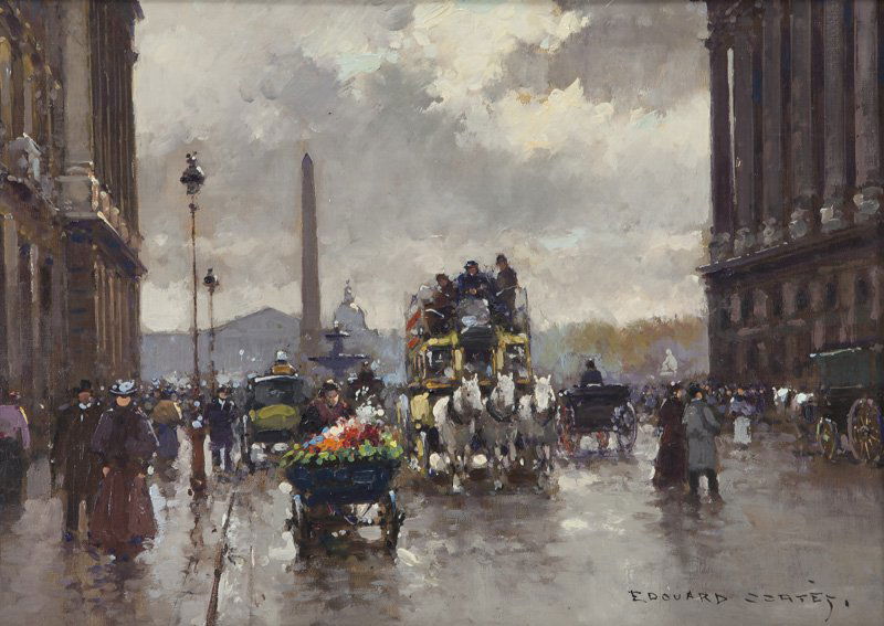 Edouard Cortes "Rue Royale et Place de la: Edouard Cortes "Rue Royale et Place de la Concorde" oil on canvas. Signed lower right. Canvas: 13.125"H x 18.125"W; Frame: 19.875"H x 24.875"W. PROVENANCE: Alexander Kahan, New York, NY (label verso).