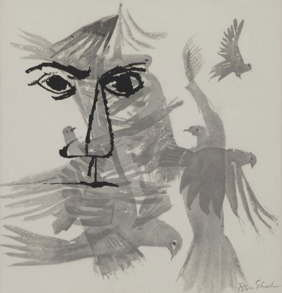 Ben Shahn "Birds Over the City" lithograph, 1968.: Ben Shahn "Birds Over the City" lithograph, 1968. Printed signature lower right. From an edition of 3500. Published by Atelier Mourlot Ltd, NY. Sight: 21.5"H x 20.5"W; Frame: 29.125"H x 28.125"W. Ben