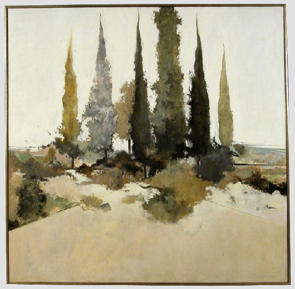 John Alexander acrylic painting on canvas abstract: landscape. Signed lower right, "John Alexander." Dimensions: Site: 45.75"H x 45.75"W; Frame: 46.5"H x 46.5"W. Provenance: Corporate collection of Ben Carpenter and Family. John Alexander (American B.1