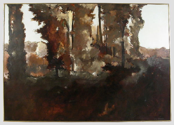 John Alexander acrylic painting on canvas abstract: landscape. Signed lower right, "John Alexander." Dimensions: Site: 50"H x 70"W; Frame: 51"H x 71"W. Provenance: Meredith Long and Company, Houston; Corporate collection of Ben Carpenter and Family. Jo