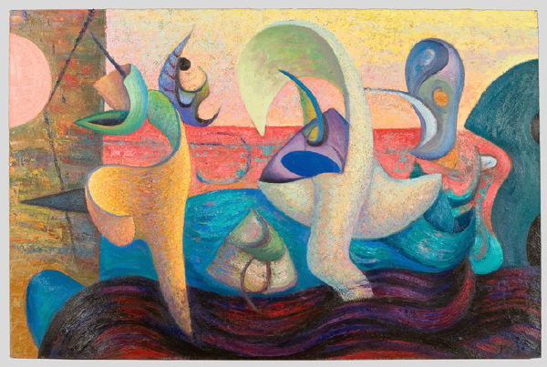 Robert Jessup oil on canvas titled on verso: "Actors Under A Red Texas Sun 1992." Signed lower right, "JSSP." Dimensions: 48"H x 72"W. Provenance: Conduit Gallery, Dallas. Robert Jessup (American B. 1952) currently resides in Texas. Circa - 1992