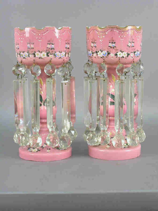 Pair of pink mantle lusters with gilt and enamel: floral decoration, and ten large cut hanging prisms. 14.25"H, Circa - Turn of the century.