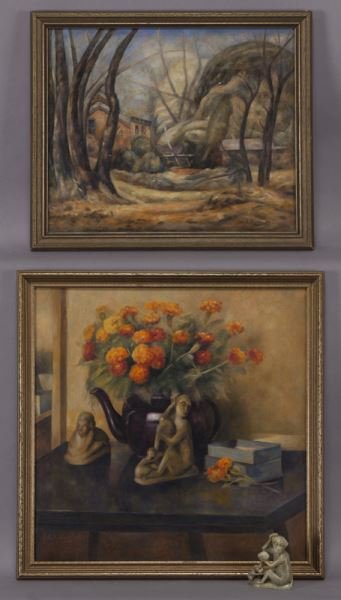 (2) John E. Thompson oil on canvas paintings.: (2) John E. Thompson oil on canvas paintings. (1) "Untitled (Buildings set in a wooded landscape)", signed lower right "John E. Thompson". Canvas: 18.125"H x 22.125"W; Frame: 20.75"H x 24.625"W. (1) "