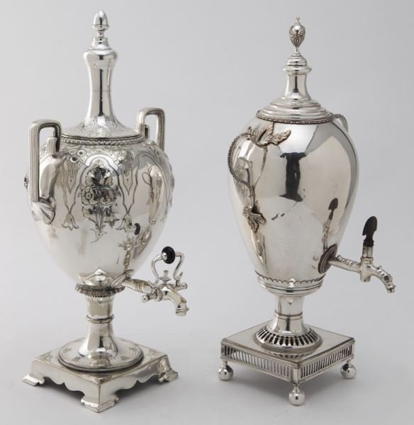 (2) Early English silverplate hot water urns (1 of 8)