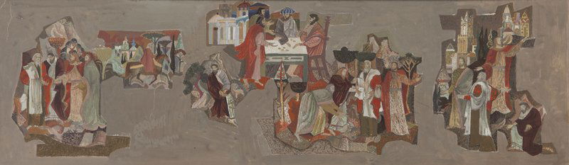 Millard Sheets "Study for the Parable of the: Millard Sheets "Study for the Parable of the Talents" oil and pencil on paper. Sight, "8.5"H x 28.75"W; Frame: 16"H x 36"W. Millard Sheets (American, 1907-1989).