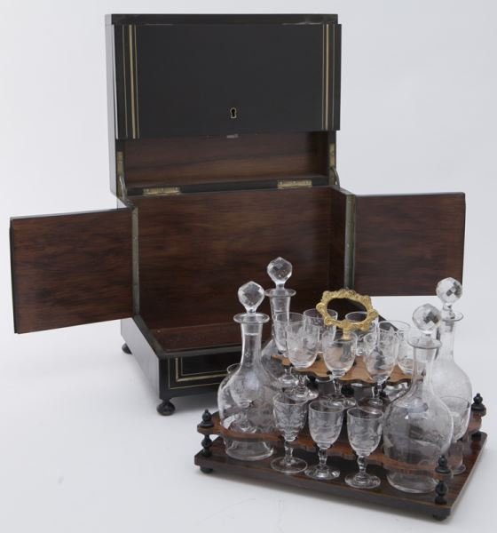 French liquor set in brass inlaid ebonized case (1 of 6)