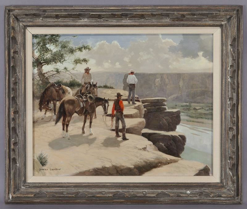 Charles Damrow "The Visitors" oil on canvas, 1968.: Charles Damrow "The Visitors" oil on canvas, 1968. Signed lower left, "Charles Damrow". Inscribed on verso, "The Visitors / Canyon de Chelly / Arizona 1968 / by Charles Damrow". Canvas: 22.125"H x 27.