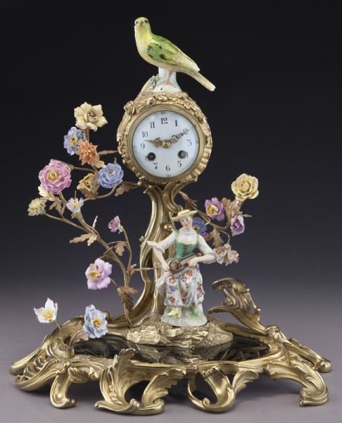 Louis XV Style ormolu and porcelain mounted clock, (1 of 8)