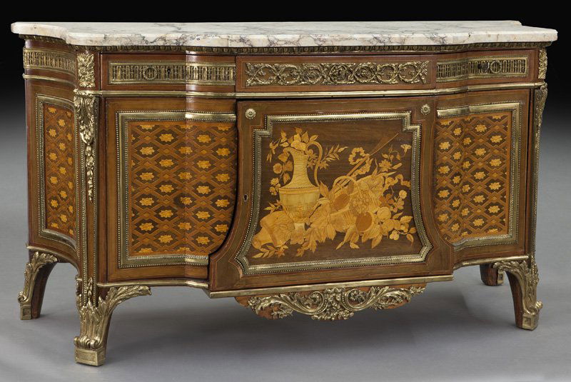 French Riesener style marble top inlaid commode (1 of 10)