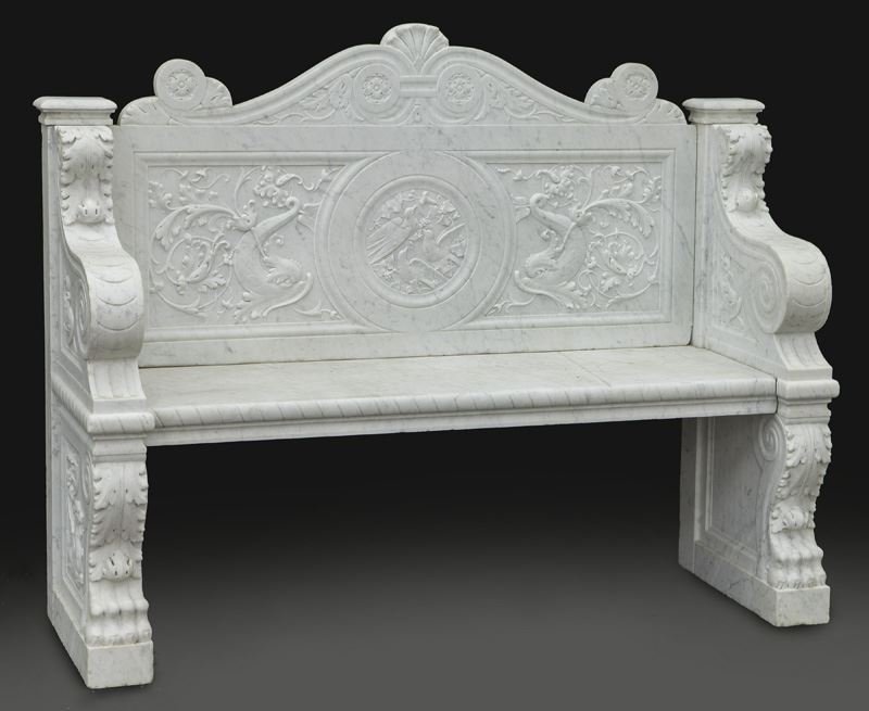 19th C. American carved Carrara marble bench (1 of 9)