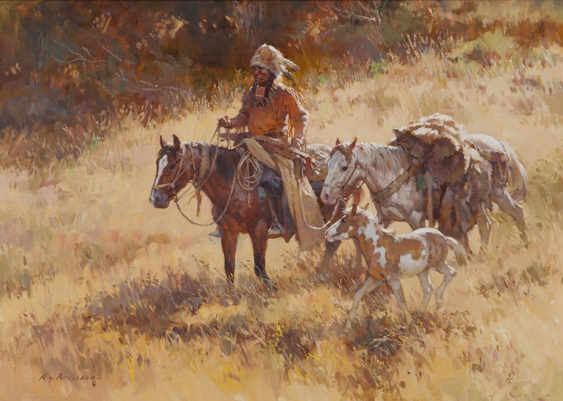 Roy Andersen "Trail to Trade" oil on canvas.: Roy Andersen "Trail to Trade" oil on canvas. Signed lower left, "Roy Andersen" and initialed "CA" for Cowboy Artists of America. Inscribed lower left, "R/A". Canvas: 26"H x 36"W; Frame: 38.5"H x 48.5"