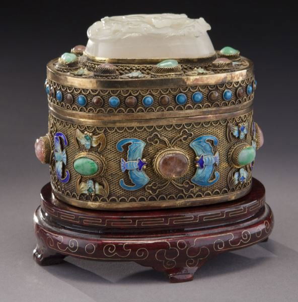 Chinese jade mounted enameled gilt-silver (1 of 9)