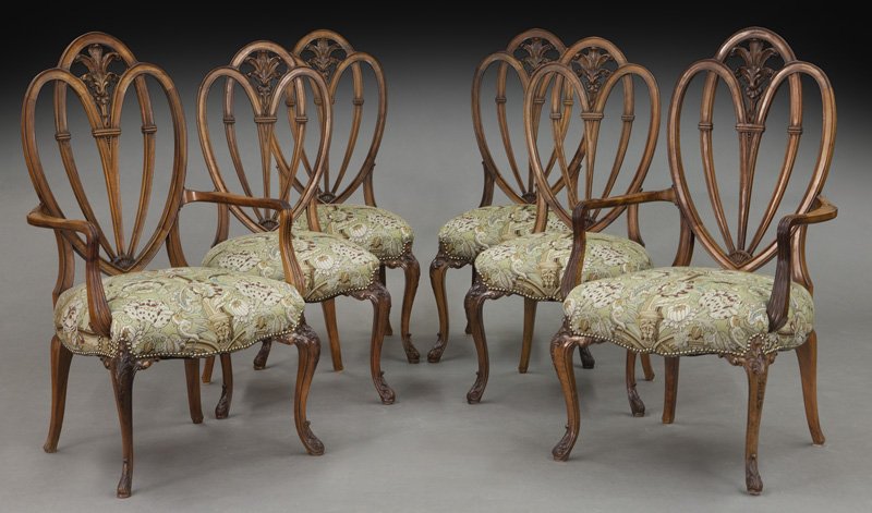 Set (6) carved walnut Hepplewhite dining chairs (1 of 7)