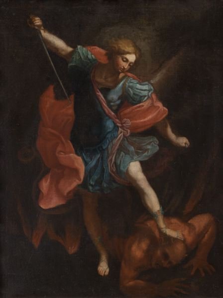 After Guido Reni "Michael Tramples Satan" oil on: After Guido Reni "Michael Tramples Satan" oil on canvas. Canvas: 25.625"H x 19.625"W; Frame: 34.5"H x 28.75"W, Circa - 18th C.