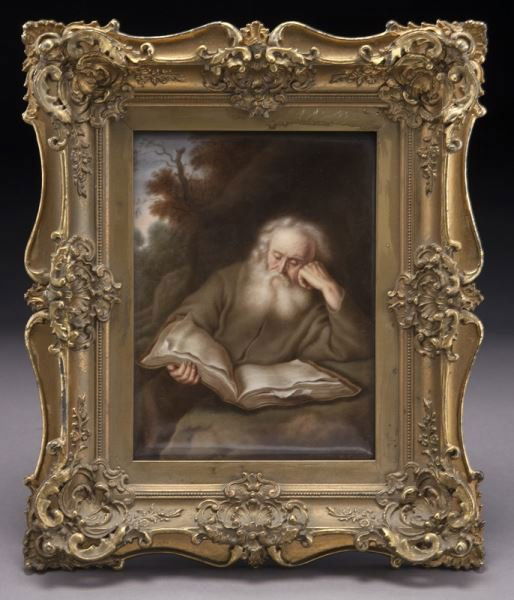 Painted porcelain plaque in carved gilt frame (1 of 4)