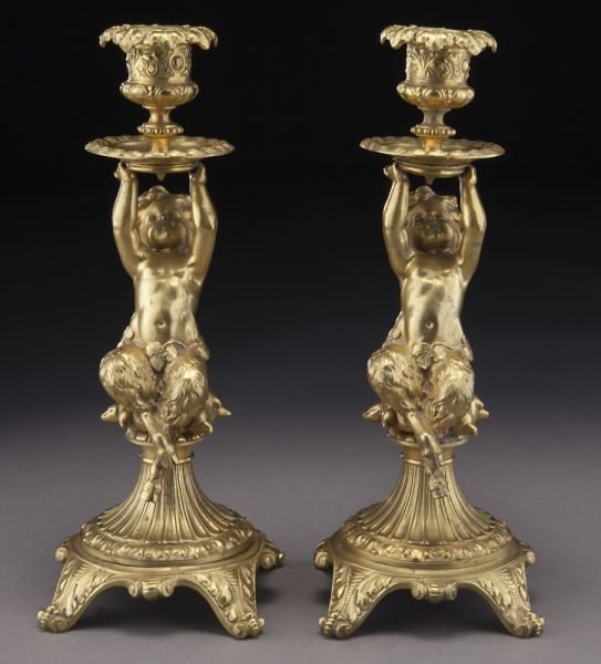 Pr. French figural gilt bronze candlesticks (1 of 7)