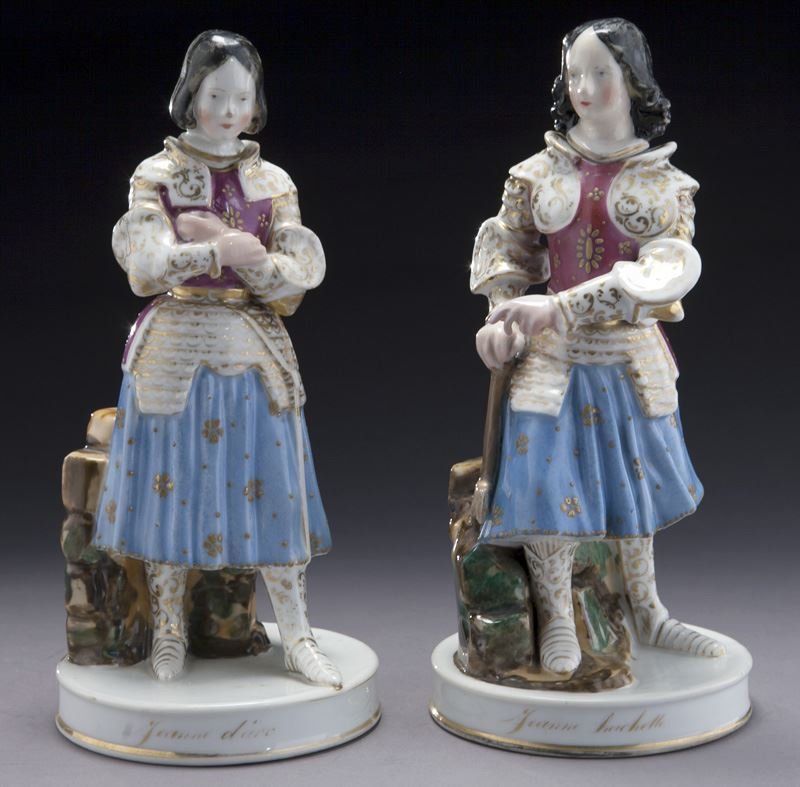 Pr. of Old Paris style figural perfume bottles: Pr. of Old Paris style figural perfume bottles depicting a man and woman in period dress with removable heads. 11.5"H, Circa - Late 19th C.