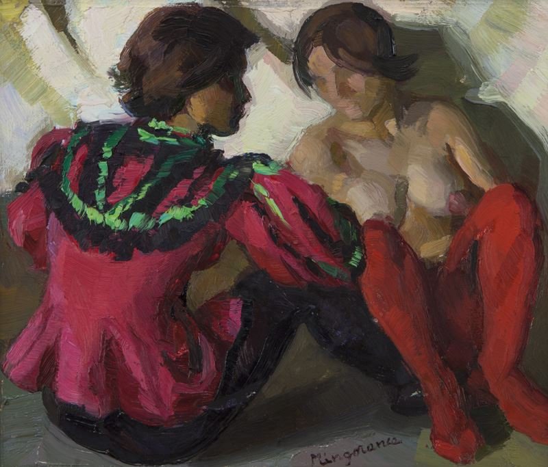 Juan Eugenio Mingorance "Dancers" oil on masonite.: Juan Eugenio Mingorance "Dancers" oil on masonite. Signed lower right, "Mingorance". Masonite: 9.25"H x 10.75"W; Frame: 18"H x 19.625"W. Manuel Mingorance Acin (Spanish, b. 1920).