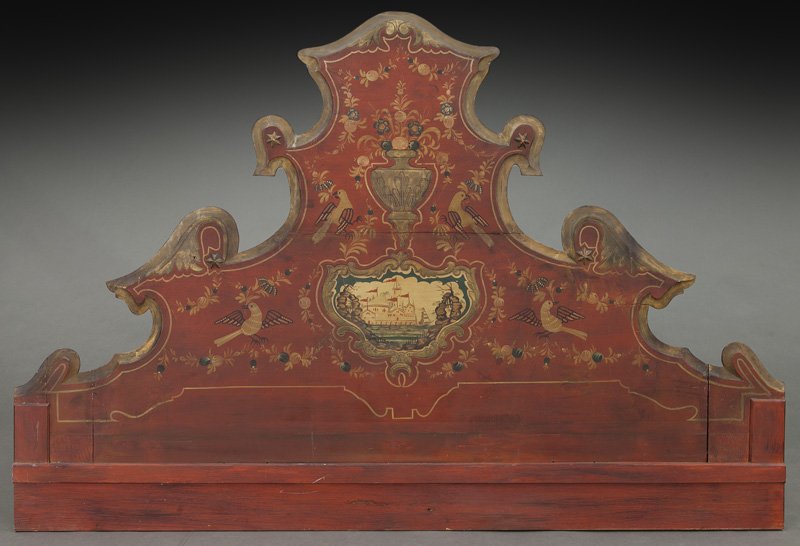 Painted headboard, both sides decorated: Painted headboard, both sides decorated with florals and birds surrounding a cartouche with a castle and sailing ship. With both corner posts which have been removed and holes filled. 50.5" H x 75.25"