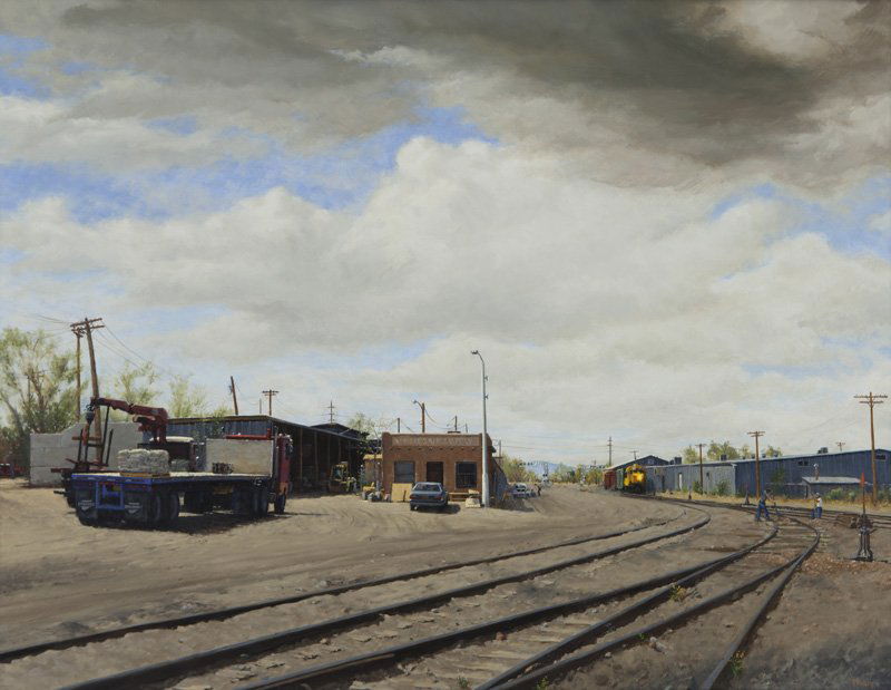 Daniel Morper "In the Yards" oil on canvas, 1996.: Daniel Morper "In the Yards" oil on canvas, 1996. Signed lower right, "Morper". Canvas: 34.25"H x 44"W; Frame: 38"H x 47.75"W. PROVENANCE: Tatistcheff Gallery, New York (label on verso). From the Coll