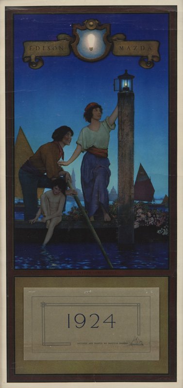 Maxfield Parrish "The Venetian Lamplighter": Maxfield Parrish "The Venetian Lamplighter" vintage print on paper, 1923, for the 1924 Edison Lamp Works of General Electric calendar. Sight: 37.125"H x 17.25"W; Frame: 42"H x 22.5"W. PROVENANCE: Heri