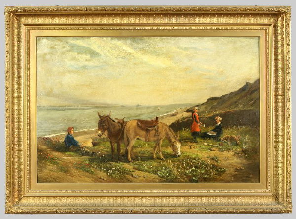 John Duvall oil painting on canvas seaside: landscape. Signed lower left, "J. Duvall '81." Site: 26.5"H x 40.5"W; Frame: 38"H x 52"W. Circa - 1881.