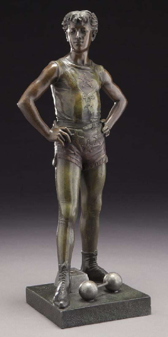 Eutrope Bouret bronze depicting a young male: Eutrope Bouret bronze depicting a young male athlete standing above barbell and weight, raised on square plinth. Signed to base, "Bouret". Eutrope Bouret (French, 1833-1906). 18"H.