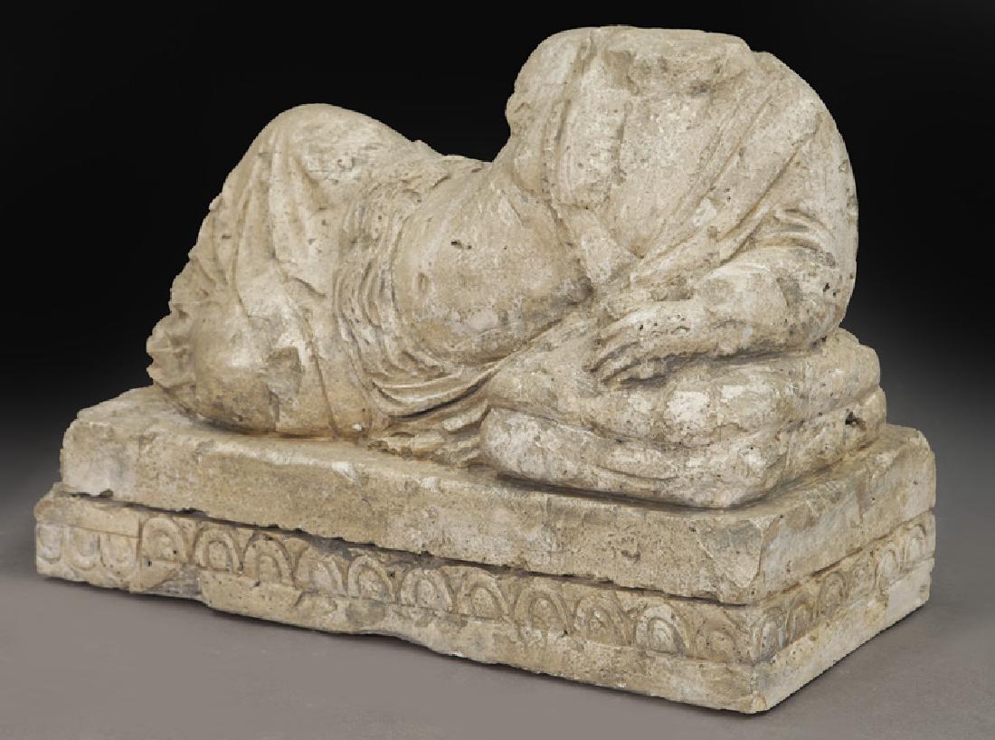 Hand carved Venetian limestone sculpture: Hand carved Venetian limestone sculpture depicting reclining female nude atop egg and dart base. 12"H x 18"W x 8.5"D, Circa - 20th C.
