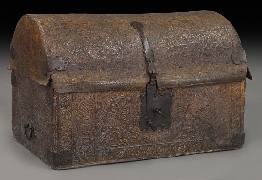 16th C. Peruvian Colonial embossed leather chest (1 of 9)