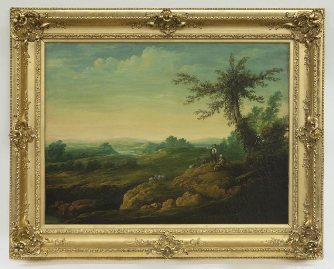 French oil on canvas depicting shepherds: French oil on canvas depicting shepherds in a pastoral landscape. Unsigned. Inscribed on stretcher verso, "Briotet-Lacoste doreur / à Autun 1902". Canvas: 32.75''H x 43.25''W; Frame: 44''H x 55''W. C