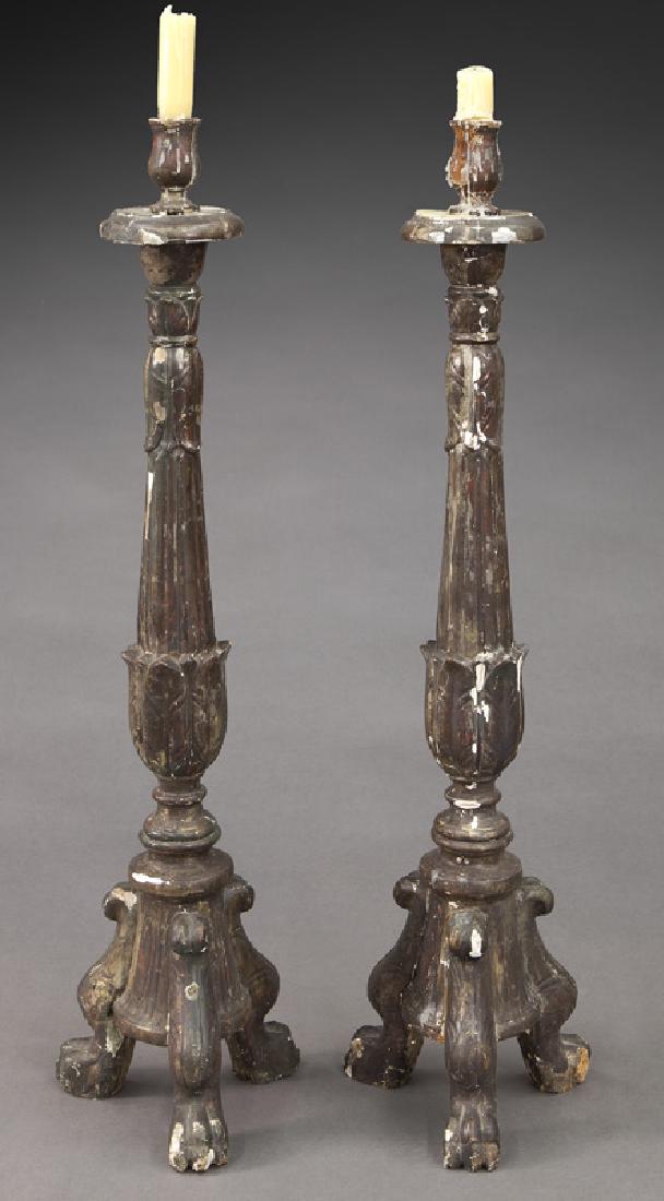 Pr. 18th C. carved wood silvered candle stands, (1 of 6)
