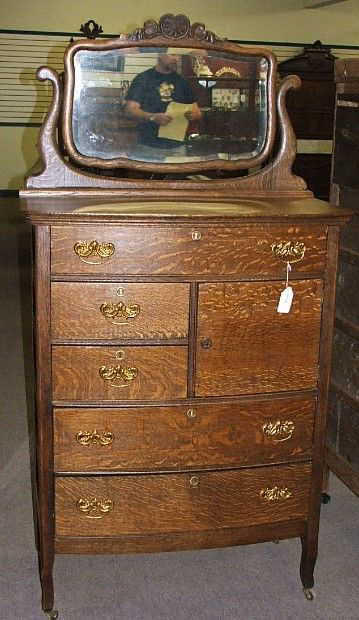 267 Antique Oak Hatbox Highboy Dresser W Mirror