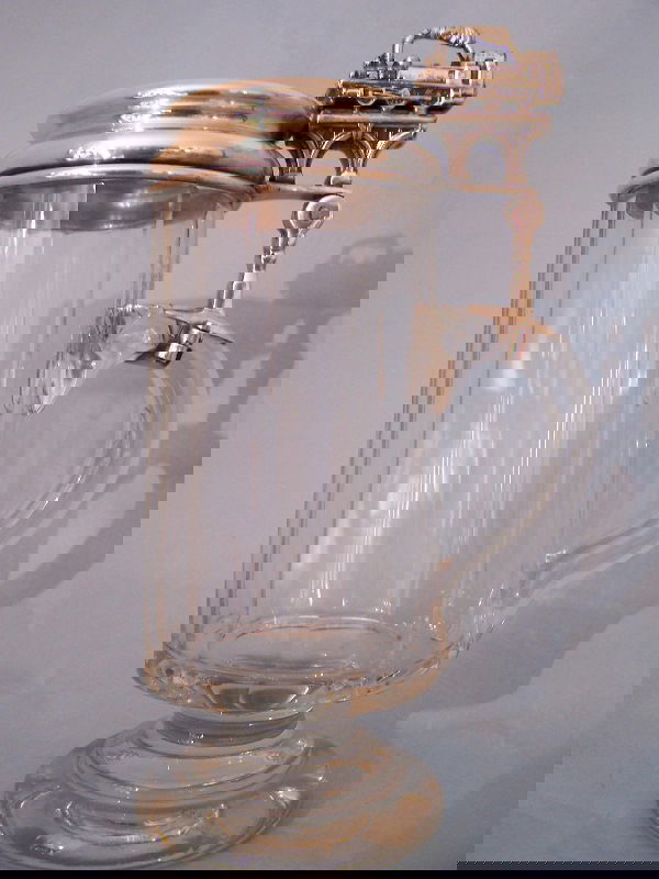 Stein, Paneled glass w/ silver lid and train on t: Stein, Paneled glass w/ silver lid and train on thumb grip, Berman writing and dated 1812-1912 9 1/4" X 3 5/8"dia