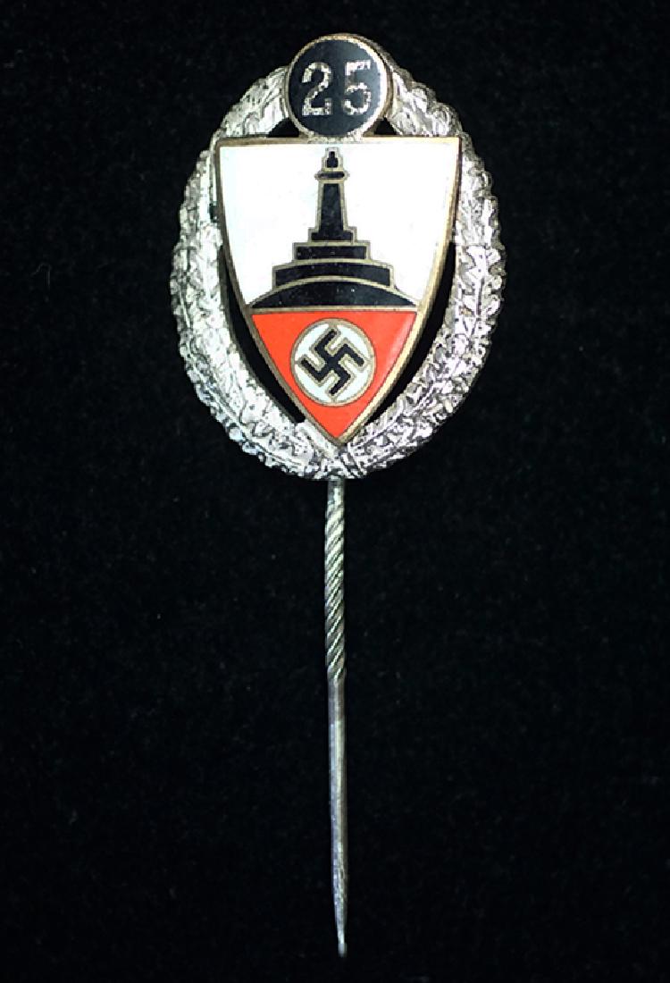 WWII NSRKB 25 Yr Membership Stick Pin: German 3rd Reich NSRKB 25 Yr Membership Pin; 30mm silver & enameled stick pin; marked Ges.Gesch -excellent condition