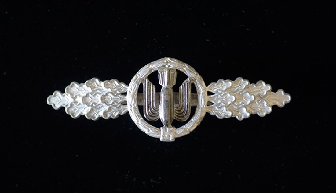 WWII Luftwaffe Flight Clasp in Silver by F.& B.L.: WWII Luftwaffe Heavy & Medium Bomber/ Dive Bomber Clasp in Silver; 2 piece die struck zinc clasp maker marked by F.& B.L. -excellent condition.