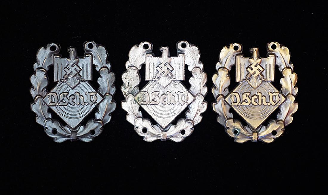 WWII DSV Shooting Award Badges 3-each: German 3rd Reich Deutscher Schutzenverband (DSV) Marksmanship Awards; Bronze, Silver & Gold; 3 pieces -excellent condition.